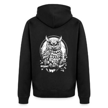 Eule auf einem Ast - Unisex Premium Bio Zip Hoodie - Schwarz - Hinten - Nico (187cm)