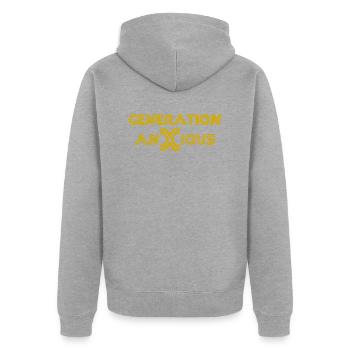 Drôle Génération Anxieux Sarcasme Humour Conception de texte - Veste à capuche bio Premium Unisexe - gris chiné - Dos - Nico (187cm)