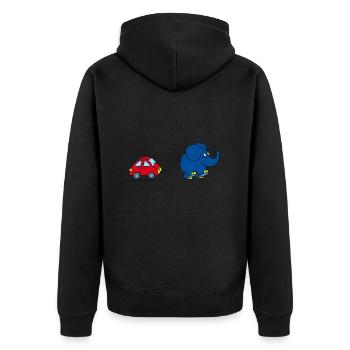 Der Elefant mit Auto - Unisex Premium Bio Zip Hoodie - Schwarz - Hinten - Nico (187cm)
