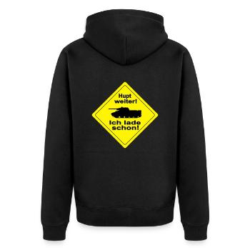 HUPT WEITER - Unisex Premium Bio Zip Hoodie - Schwarz - Hinten - Nico (187cm)