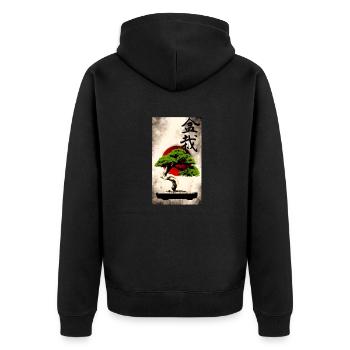 Bonsai vor japanischer Flagge Kunstdruck - Unisex Premium Bio Zip Hoodie - Schwarz - Hinten - Nico (187cm)