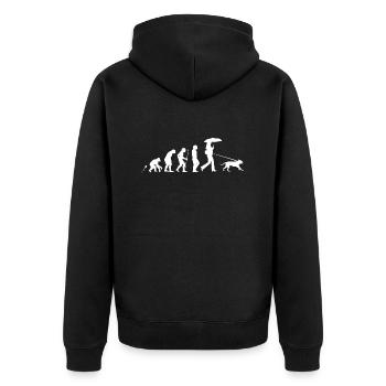 Die immer mit dem Hund geht Evolution Fun Shirt - Unisex Premium Bio Zip Hoodie - Schwarz - Hinten - Nico (187cm)