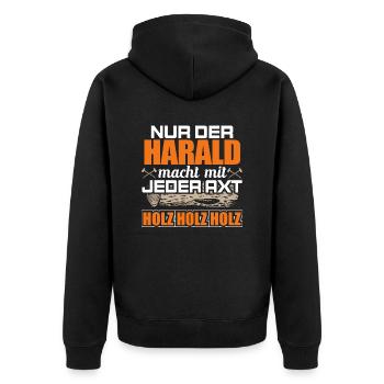 HARALD - Holz - Unisex Premium Bio Zip Hoodie - Schwarz - Hinten - Nico (187cm)