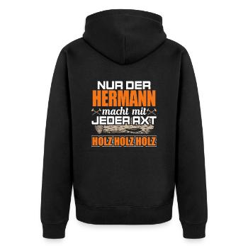 HERMANN - Holz - Unisex Premium Bio Zip Hoodie - Schwarz - Hinten - Nico (187cm)