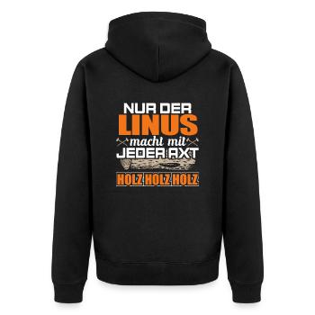 LINUS - Holz - Unisex Premium Bio Zip Hoodie - Schwarz - Hinten - Nico (187cm)