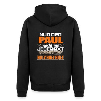 PAUL - Holz - Unisex Premium Bio Zip Hoodie - Schwarz - Hinten - Nico (187cm)