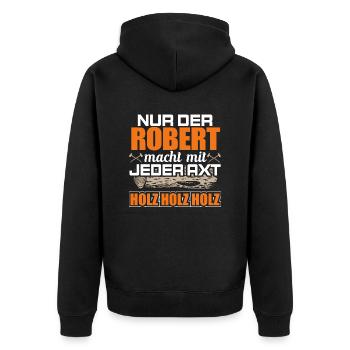 ROBERT - Holz - Unisex Premium Bio Zip Hoodie - Schwarz - Hinten - Nico (187cm)