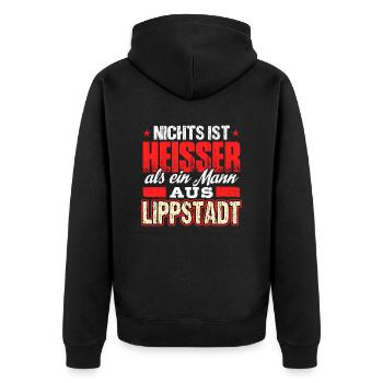 LIPPSTADT - heiss - Unisex Premium Bio Zip Hoodie - Schwarz - Hinten - Nico (187cm)