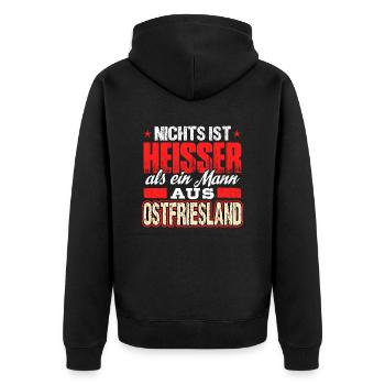 OSTFRIESLAND - heiss - Unisex Premium Bio Zip Hoodie - Schwarz - Hinten - Nico (187cm)