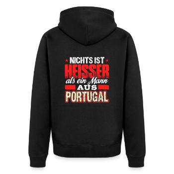 PORTUGAL - heiss - Unisex Premium Bio Zip Hoodie - Schwarz - Hinten - Nico (187cm)