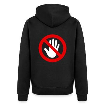 anfassen verboten weiß - Unisex Premium Bio Zip Hoodie - Schwarz - Hinten - Nico (187cm)