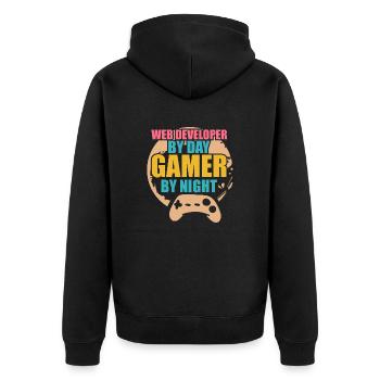 Developer Web Developer By Day Gamer By Night - Unisex Premium Bio Zip Hoodie - Schwarz - Hinten - Nico (187cm)