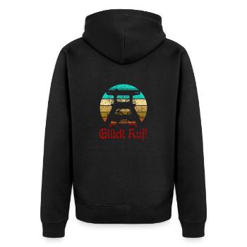 Retro Sunset Glück Auf! Vintage Bergbau Logo Zeche - Unisex Premium Bio Zip Hoodie - Schwarz - Hinten - Nico (187cm)