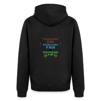 Teufel, Engel, Wahnsinn Spruch - Unisex Premium Bio Zip Hoodie - Schwarz - Hinten - Nico (187cm)