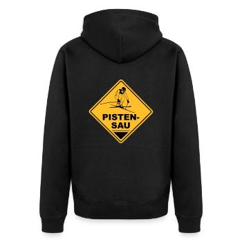 Pistensau Road Sign -. Apres Ski - Unisex Premium Bio Zip Hoodie - Schwarz - Hinten - Nico (187cm)