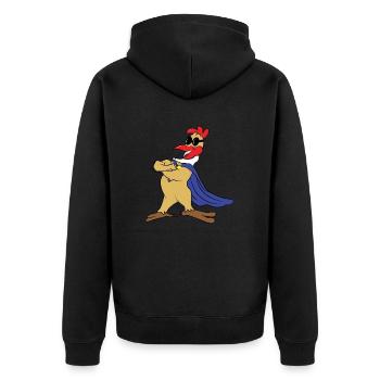 Hahn mit blauem Umhang - Unisex Premium Bio Zip Hoodie - Schwarz - Hinten - Nico (187cm)
