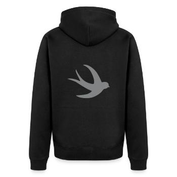 einzelner fliegender Schwalbenvogel im Grau - Unisex Premium Bio Zip Hoodie - Schwarz - Hinten - Nico (187cm)
