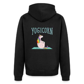 Yogicorn | Cool Yoga Unicorn On Mat - Unisex Premium Organic Zip Hoodie - black - Back - Nico (187cm)