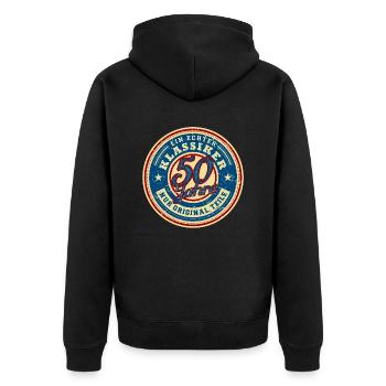 Klassiker (50 Jahre) - Unisex Premium Bio Zip Hoodie - Schwarz - Hinten - Nico (187cm)