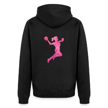 handball frau pink - Unisex Premium Bio Zip Hoodie - Schwarz - Hinten - Nico (187cm)