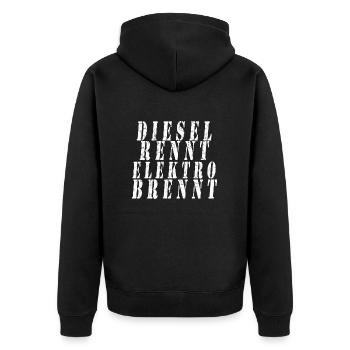 DIESEL rennt ELEKTRO brennt Cooles Shirt - Unisex Premium Bio Zip Hoodie - Schwarz - Hinten - Nico (187cm)