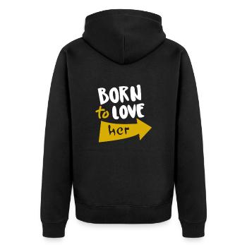 Geboren, um sie zu lieben - Unisex Premium Bio Zip Hoodie - Schwarz - Hinten - Nico (187cm)