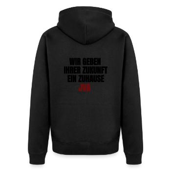 JVA - Wir geben ihrer Zukunft ein Zuhause - Unisex Premium Bio Zip Hoodie - Schwarz - Hinten - Nico (187cm)