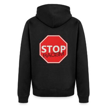STOP Rassismus Zeichen - Unisex Premium Bio Zip Hoodie - Schwarz - Hinten - Nico (187cm)