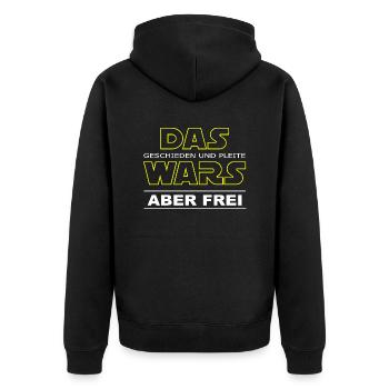 Das Wars geschieden und pleite aber frei - Unisex Premium Bio Zip Hoodie - Schwarz - Hinten - Nico (187cm)