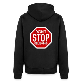 DONT STOP BELIEVING DESIGN - Unisex Premium Bio Zip Hoodie - Schwarz - Hinten - Nico (187cm)