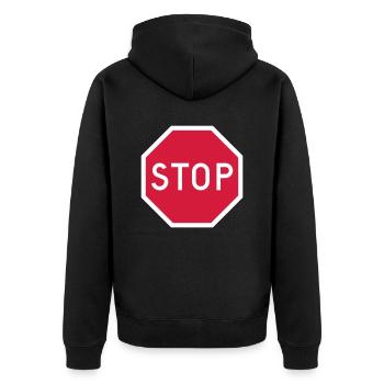 Stoppschild - Unisex Premium Bio Zip Hoodie - Schwarz - Hinten - Nico (187cm)