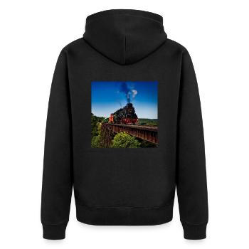 Weinlesezug auf Eisenbahn in der Landschaftslandschaft - Unisex Premium Bio Zip Hoodie - Schwarz - Hinten - Nico (187cm)