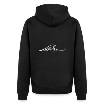 Welle, Berge, Surfen, Wandern, Reisen &Bergsteigen - Unisex Premium Bio Zip Hoodie - Schwarz - Hinten - Nico (187cm)