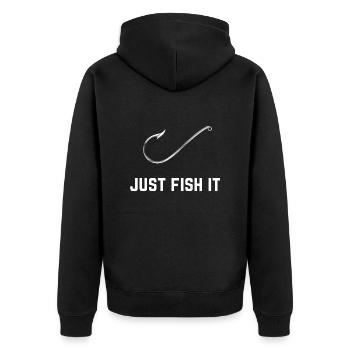 Einfach fischen, Pfirsich-T-Shirt, Geschenk Mann Frau - Unisex Premium Bio Zip Hoodie - Schwarz - Hinten - Nico (187cm)