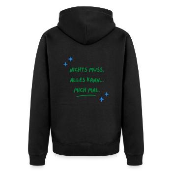 nichts muss, alles kann... mich mal, Sprüche - Unisex Premium Bio Zip Hoodie - Schwarz - Hinten - Nico (187cm)