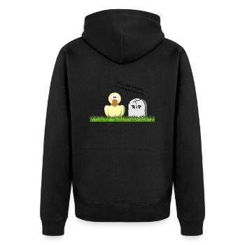 Lustige Ente "RIP" mit Spruch - Unisex Premium Bio Zip Hoodie - Schwarz - Hinten - Nico (187cm)