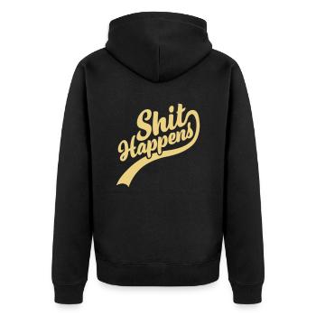 Shit happens Schriftzug Zitat - Unisex Premium Bio Zip Hoodie - Schwarz - Hinten - Nico (187cm)
