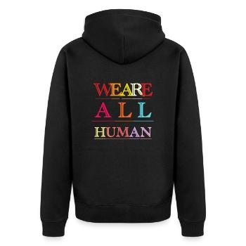 We are All human, wir sind alles Menschen - Unisex Premium Bio Zip Hoodie - Schwarz - Hinten - Nico (187cm)