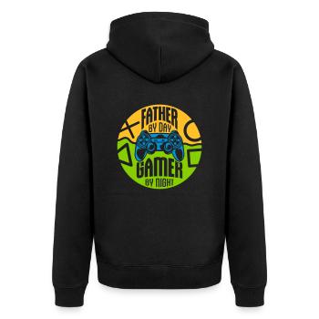 father by day Gamer - Unisex Premium Bio Zip Hoodie - Schwarz - Hinten - Nico (187cm)