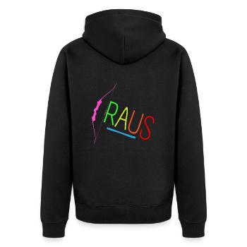 Bogen Raus Bunt - Unisex Premium Bio Zip Hoodie - Schwarz - Hinten - Nico (187cm)