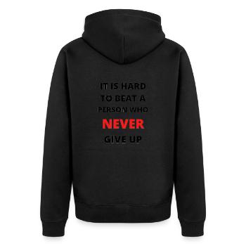 Geben Sie niemals auf - Unisex Premium Bio Zip Hoodie - Schwarz - Hinten - Nico (187cm)