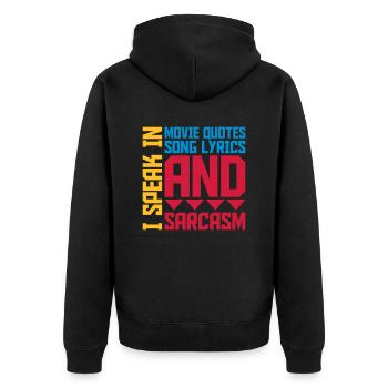 speak lyrics and sarcasm - Unisex Premium Organic Zip Hoodie - black - Back - Nico (187cm)
