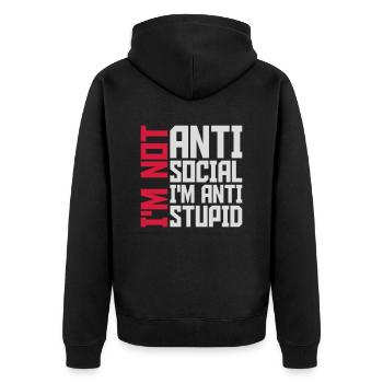 not antisocial anti stupid - Unisex Premium Bio Zip Hoodie - Schwarz - Hinten - Nico (187cm)