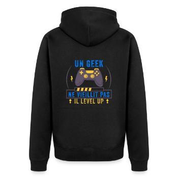 un geek ne vieillit pas il level up - Veste à capuche bio Premium Unisexe - noir - Dos - Nico (187cm)