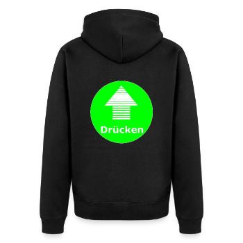 Schild Drücken Mit Pfeil grün und weiß - Unisex Premium Bio Zip Hoodie - Schwarz - Hinten - Nico (187cm)