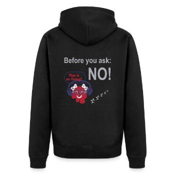 FoundLux New Design, Before you ask: NO!, Damen - Unisex Premium Bio Zip Hoodie - Schwarz - Hinten - Nico (187cm)