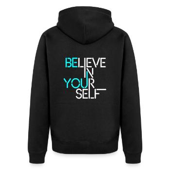 Glaube an dich selbst - Unisex Premium Bio Zip Hoodie - Schwarz - Hinten - Nico (187cm)