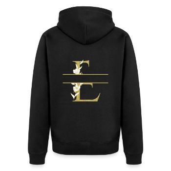 Personalisierter goldener Blumenbuchstabe E - Unisex Premium Bio Zip Hoodie - Schwarz - Hinten - Nico (187cm)