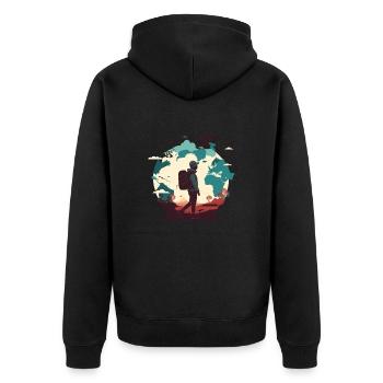 Fernweh, Flugzeuge am Himmel und Wanderer - Unisex Premium Bio Zip Hoodie - Schwarz - Hinten - Nico (187cm)