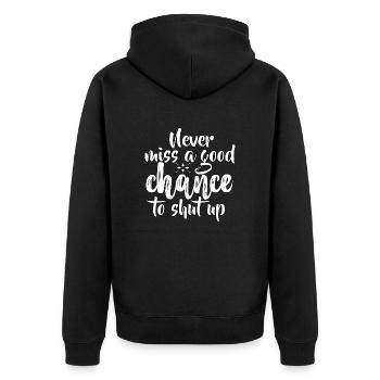 FUN Quote - Never Miss - neg - Unisex Premium Bio Zip Hoodie - Schwarz - Hinten - Nico (187cm)